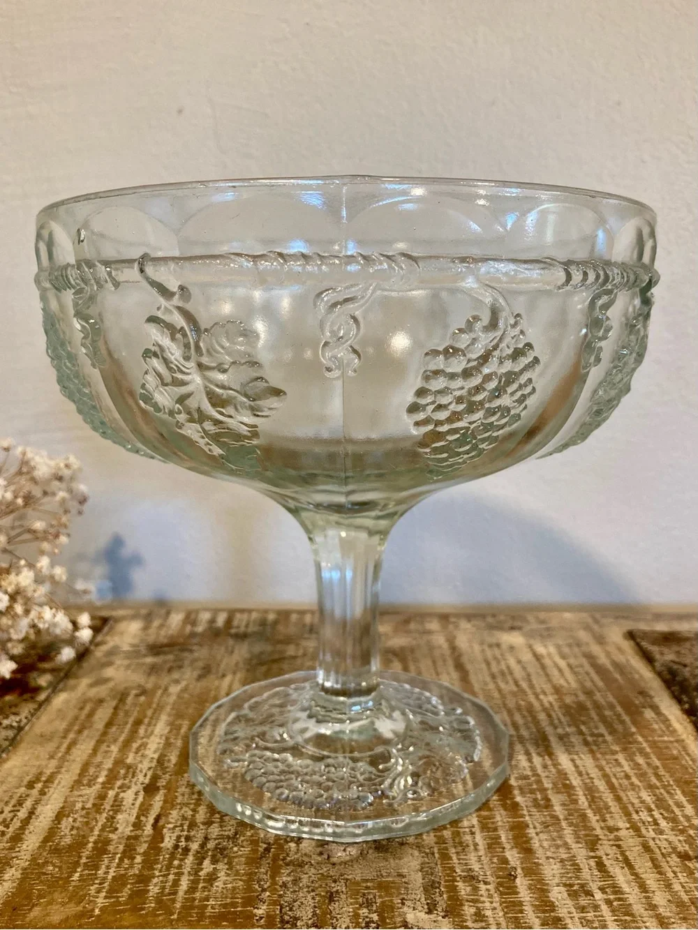 Clear Pressed Glass Compote Serving Bowl with Grape Motif 6” Tall